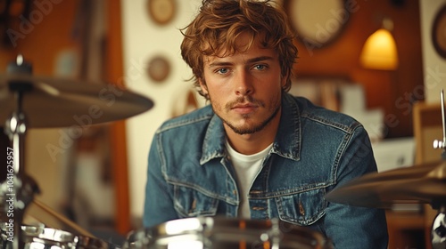 Young man with curly hair sitting behind drum set and looking at camera.