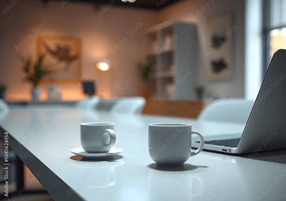 White coffee cup with laptop on office table for business concept, in clean office, White coffee cup with laptop on office table for business concept, in clean office,