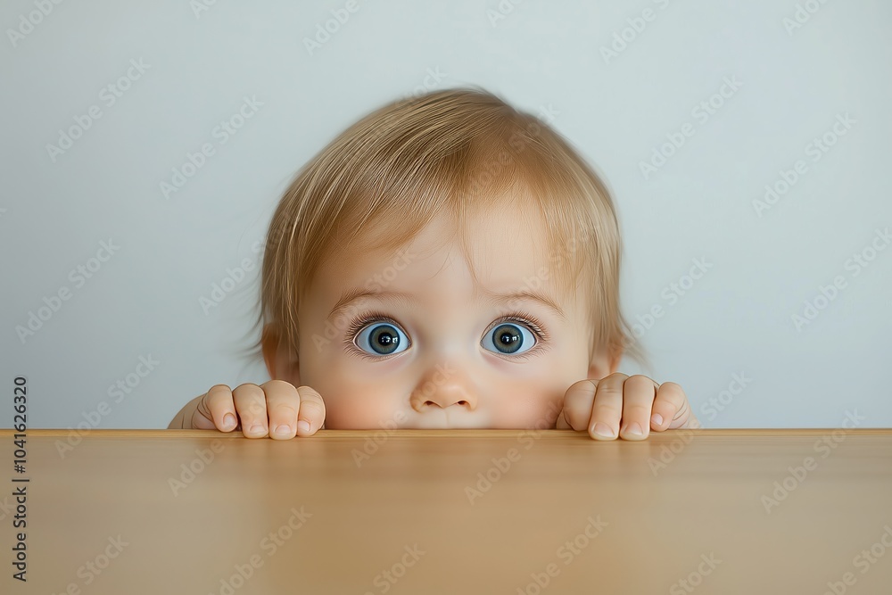 Adorable toddler peeking over table. Curious eyes in plain setting. Perfect for playful themes, minimalism. Cute child expressing wonder and innocence. Adorable toddler peeking over table. Curious eyes in plain setting. Perfect for playful themes, minimalism. Cute child expressing wonder and innocence.
