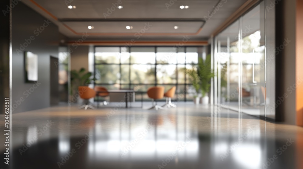 3D rendering of a modern office interior featuring a beautiful blurred background in gray tones complemented by panoramic windows glass partitions and orange color accents 3D rendering of a modern office interior featuring a beautiful blurred background in gray tones complemented by panoramic windows glass partitions and orange color accents