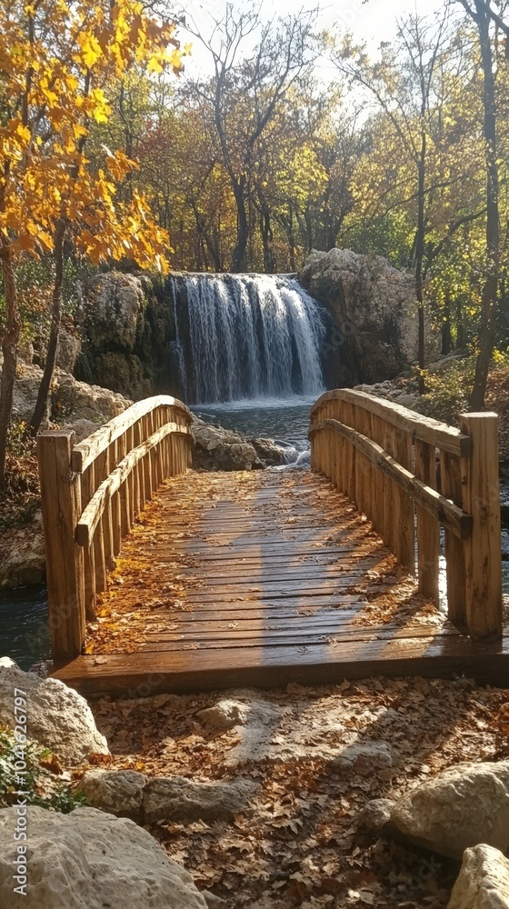 Wooden pathway through forest with autumn leaves and lakes Wooden pathway through forest with autumn leaves and lakes