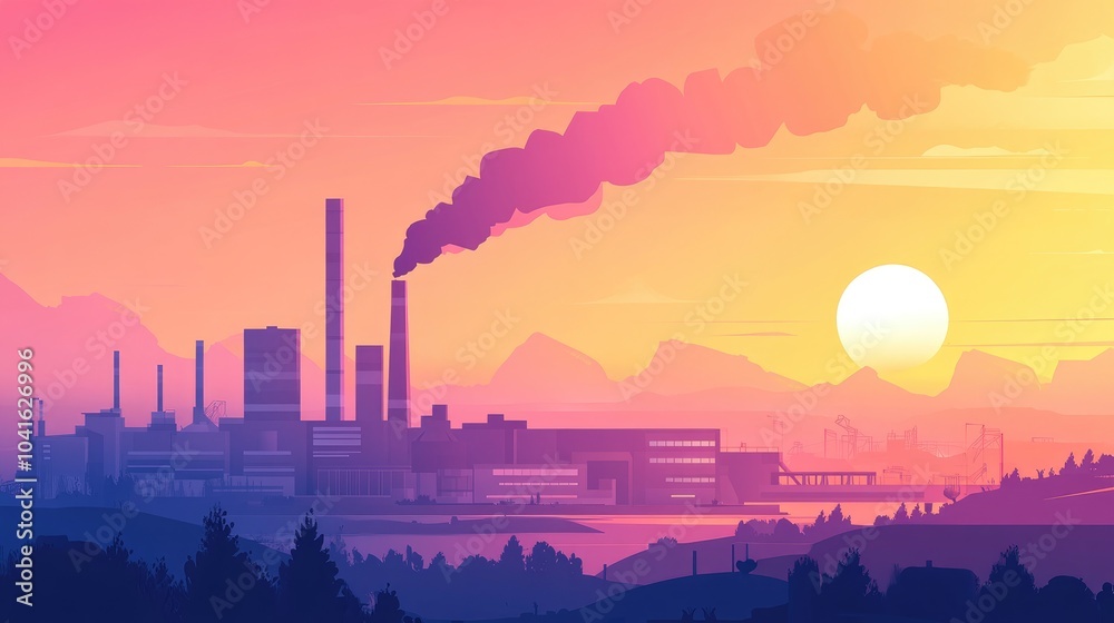 Panoramic Aerial View Of Large Industrial Factory Producing Steel Products Large Smokestack Chimney Emitting Smoke Over Landscape During Sunset Panoramic Aerial View Of Large Industrial Factory Producing Steel Products Large Smokestack Chimney Emitting Smoke Over Landscape During Sunset