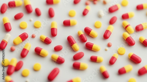 Scattered red and yellow pills on a neutral background Aerial perspective showcasing disorder and arrangement presented in a diagonal layout 3D render and illustration