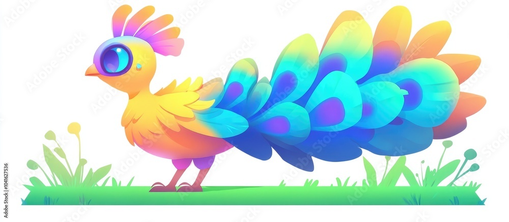 Obraz premium Peacock Bird With Beautiful Feathers Walks On The Grass