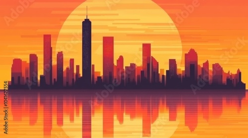 Vibrant illustration of a city skyline against a glowing sunset, with tall buildings reflecting on a calm body of water.