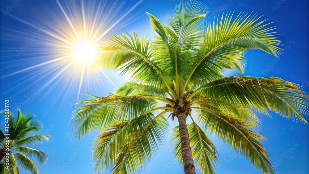Obraz premium Bright sun over palm tree in paradise against clear blue sky