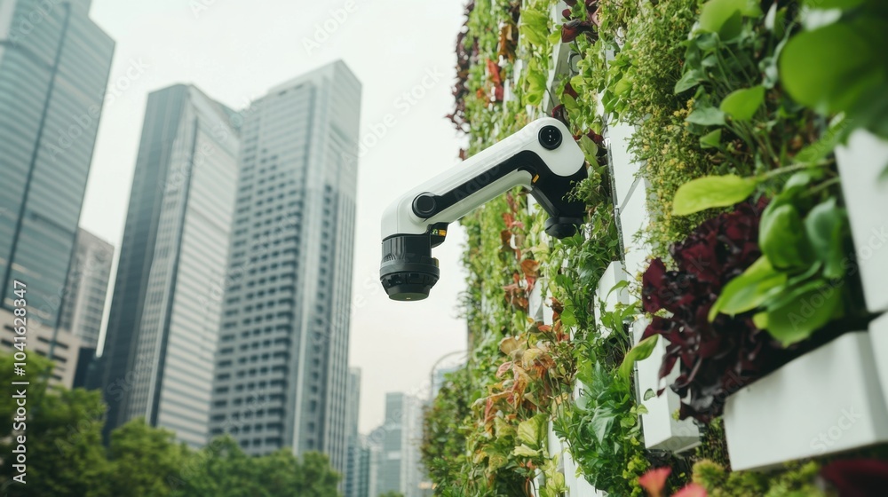 A robotic gardener maintaining vertical gardens on skyscraper facades, urban and sustainable setting with green walls and city skyline views, Vertical Garden Robotics style A robotic gardener maintaining vertical gardens on skyscraper facades, urban and sustainable setting with green walls and city skyline views, Vertical Garden Robotics style