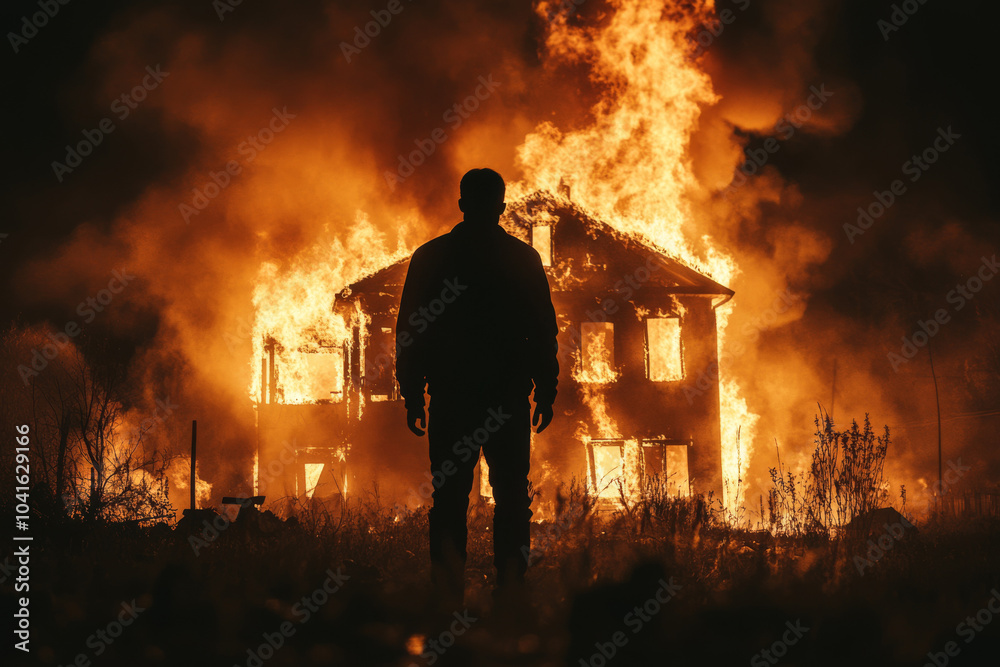 Obraz premium A man standing in front of his burning house at night. The house is engulfed in flames. The concept of horror, tragedy, fear, loss.