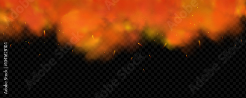 Orange magic fog. Yellow smoke with glowing particles. Colored powder with explosion effect.