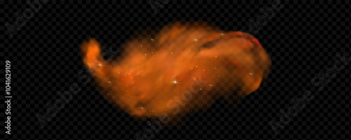 Orange magic fog. Yellow smoke with glowing particles. Colored powder with explosion effect.