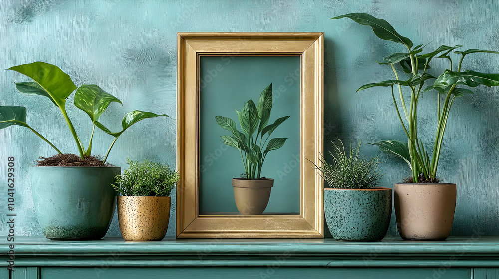 Green Plants in Pots on a Shelf with a Gold Frame Green Plants in Pots on a Shelf with a Gold Frame