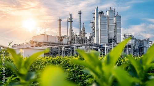 Sustainable Biofuel Processing Plant Surrounded by Lush Greenery and Nature