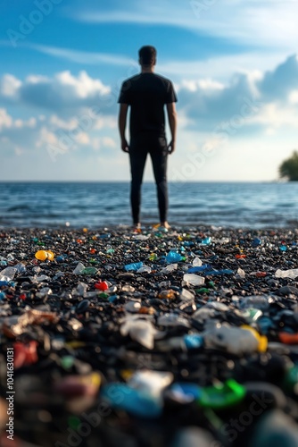 A man standing on a beach covered in plastic waste, with the focus on small microplastic fragments, representing environmental pollution affecting human bodies