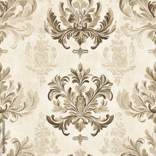 Vintage Damask floral pattern on vintage beige fabric background, seamless repeating pattern, textile print style, minimal, Damask design, seamless floral pattern, home decor, textiles