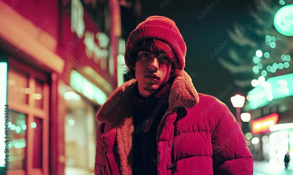 Guy in stylish winter clothes on the night street. Guy in stylish winter clothes on the night street.