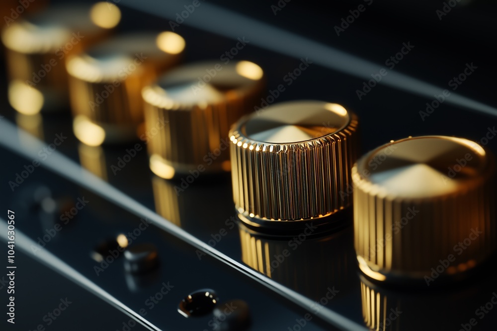 Close-up of elegant audio equipment featuring golden knobs, musical concept Close-up of elegant audio equipment featuring golden knobs, musical concept