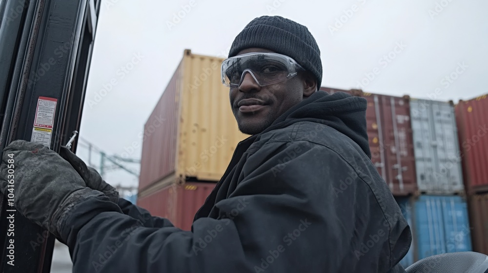 Worker in a shipping yard, driving a forklift to move cargo containers, wearing safety goggles and gloves. Worker in a shipping yard, driving a forklift to move cargo containers, wearing safety goggles and gloves.