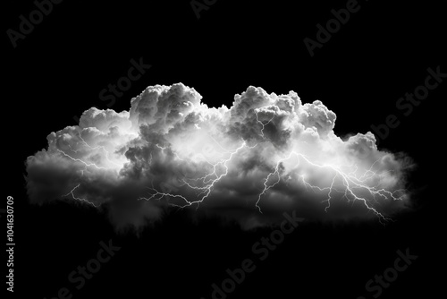 Clouds with lightning isolated on black background. Concept on topic weather, cataclysms (hurricane, Typhoon, tornado, storm).  photo