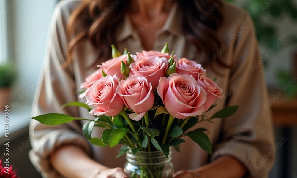 Woman is beautifully holding a lovely vase that contains pink roses Woman is beautifully holding a lovely vase that contains pink roses