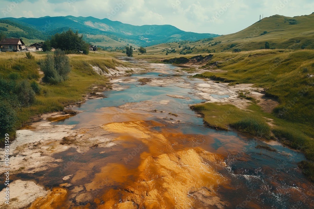 Drone view of contaminated, toxic water stream in Geamana, Romania Drone view of contaminated, toxic water stream in Geamana, Romania
