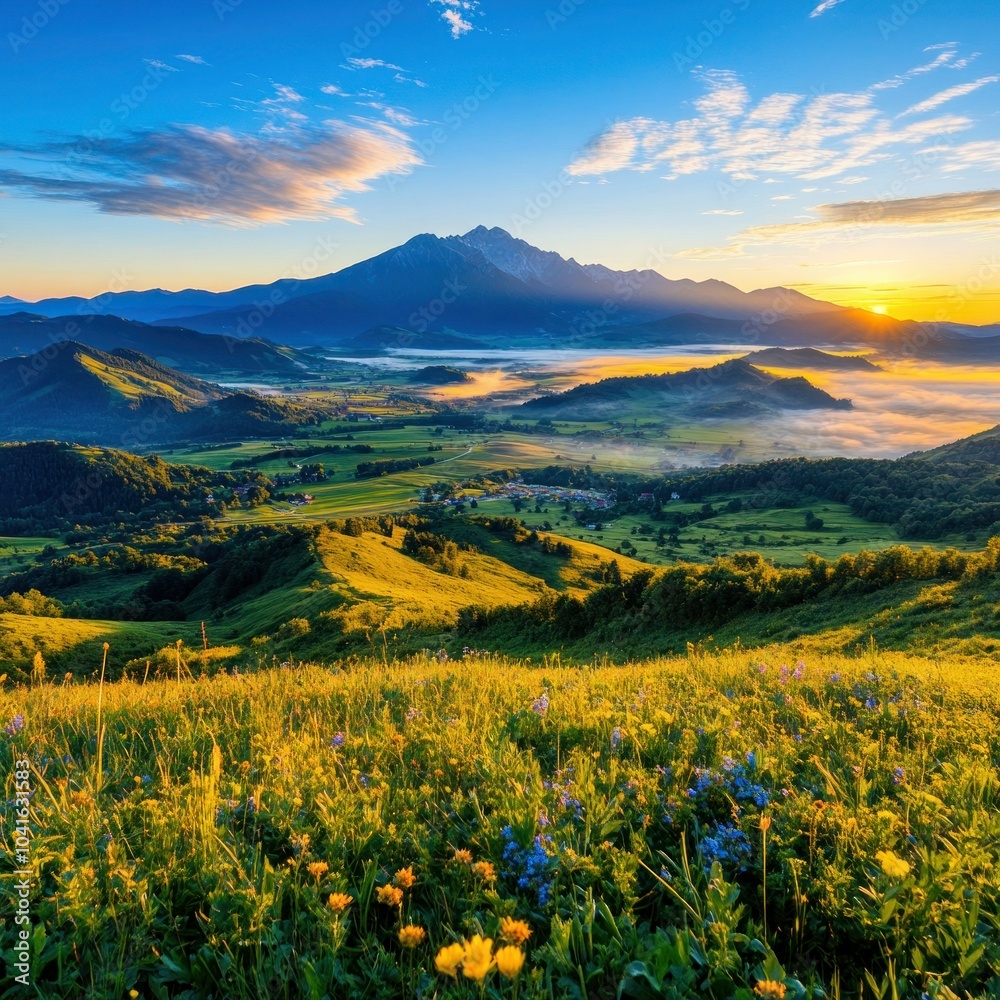 Fototapeta premium Slovakian Sunrise: Majestic Mountain Valley in Natural Summer Landscape