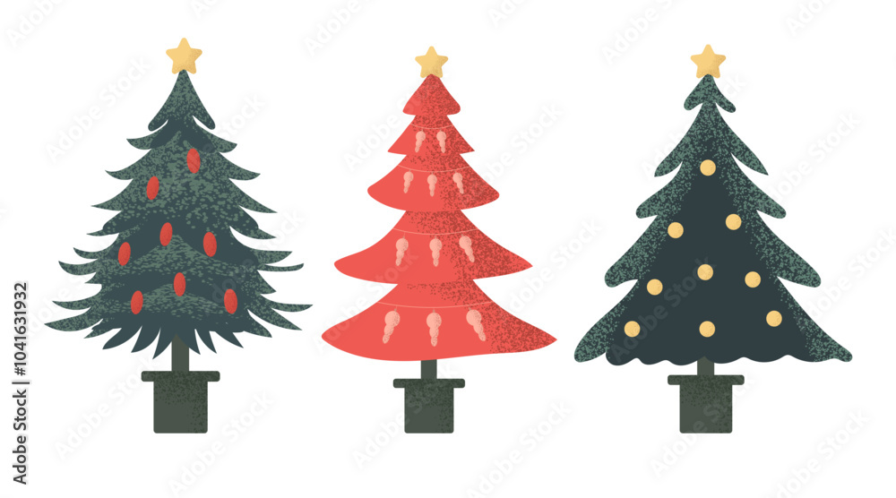 Fototapeta premium Set of Christmas trees of different shapes with garlands, balls and toys. Vector Christmas trees in flat style on white background.