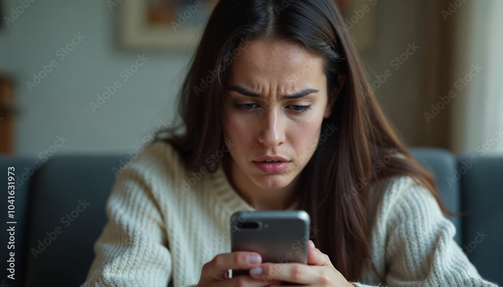 Close up young woman looks at smartphone screen with distressed expression, cover her mouth with hand, read alarming news on phone, feel unhappy, scared. Financial setback, phishing, awful information Close up young woman looks at smartphone screen with distressed expression, cover her mouth with hand, read alarming news on phone, feel unhappy, scared. Financial setback, phishing, awful information