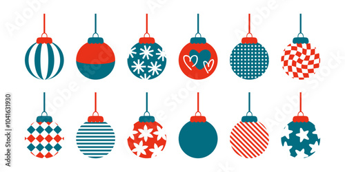 Geometric Christmas balls ornament silhouettes collection. Perfect for banner, flyer, label, postcard, sale, stickers. Simple flat style vector illustration.