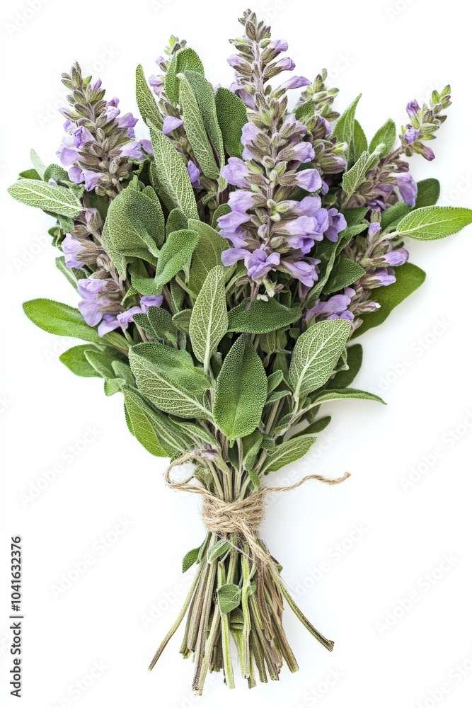 Fototapeta premium Flowering Sage Bunch Tied with Kitchen String, Fresh Herb with Mauve Flowers