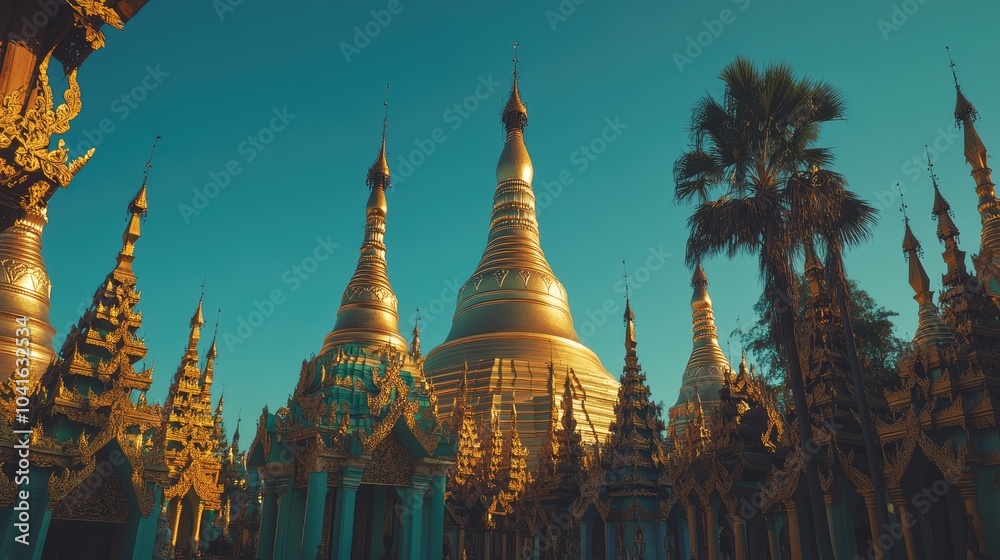 Fototapeta premium Golden Pagodas Under Clear Blue Sky