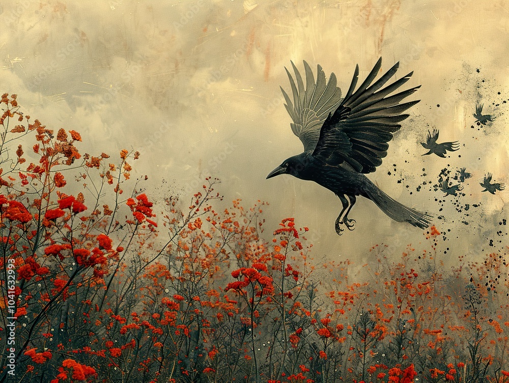 Fototapeta premium Black Crow Flying Over Red Flowers - Vintage Art