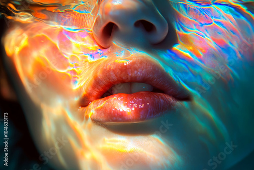 Underwater portrait of a woman with prismatic color separated light on her face. 