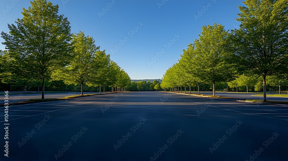 Empty parking lot bordered by green leafy trees under a blue sky with symmetrical asphalt patterns, sunlight casting shadows, captured in a wide-angle urban landscape with a tranquil atmosphere. Empty parking lot bordered by green leafy trees under a blue sky with symmetrical asphalt patterns, sunlight casting shadows, captured in a wide-angle urban landscape with a tranquil atmosphere.