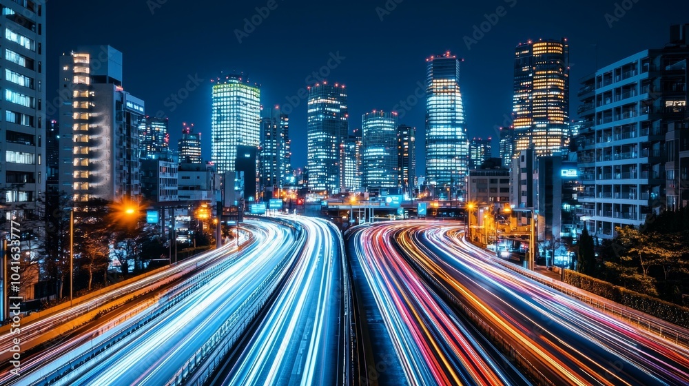 Fototapeta premium Urban Night Scene with Light Streaks and Skyscrapers