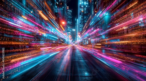 Futuristic Night Scene with Vibrant Digital Lights