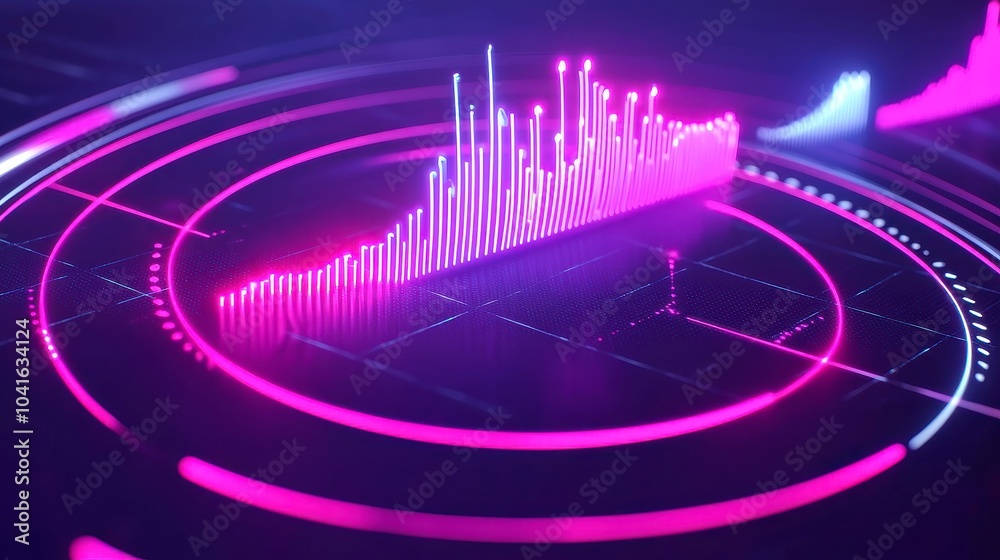 Naklejka premium Circular audio interface with animated sound spectrum, showcasing vibrant sound waves on a black background, ideal for visualizing music frequency and audio dynamics.