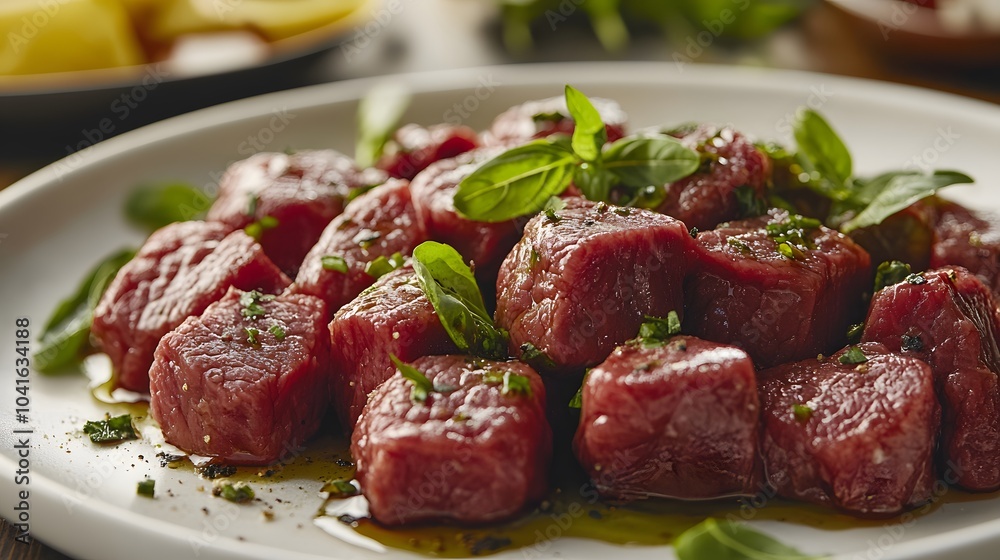 Close-up of fresh beef cubes with marbled texture on a white ceramic plate garnished with green herbs, showcasing vibrant red color and high-quality protein in a gourmet food photography style. Close-up of fresh beef cubes with marbled texture on a white ceramic plate garnished with green herbs, showcasing vibrant red color and high-quality protein in a gourmet food photography style.