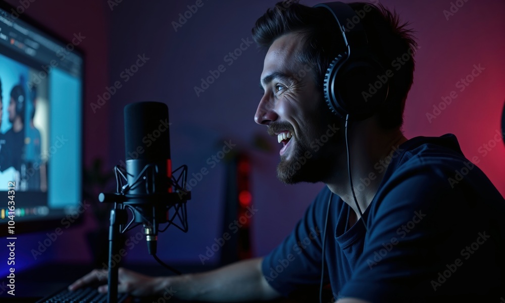 A man with headphones and a microphone is gaming on a computer A man with headphones and a microphone is gaming on a computer