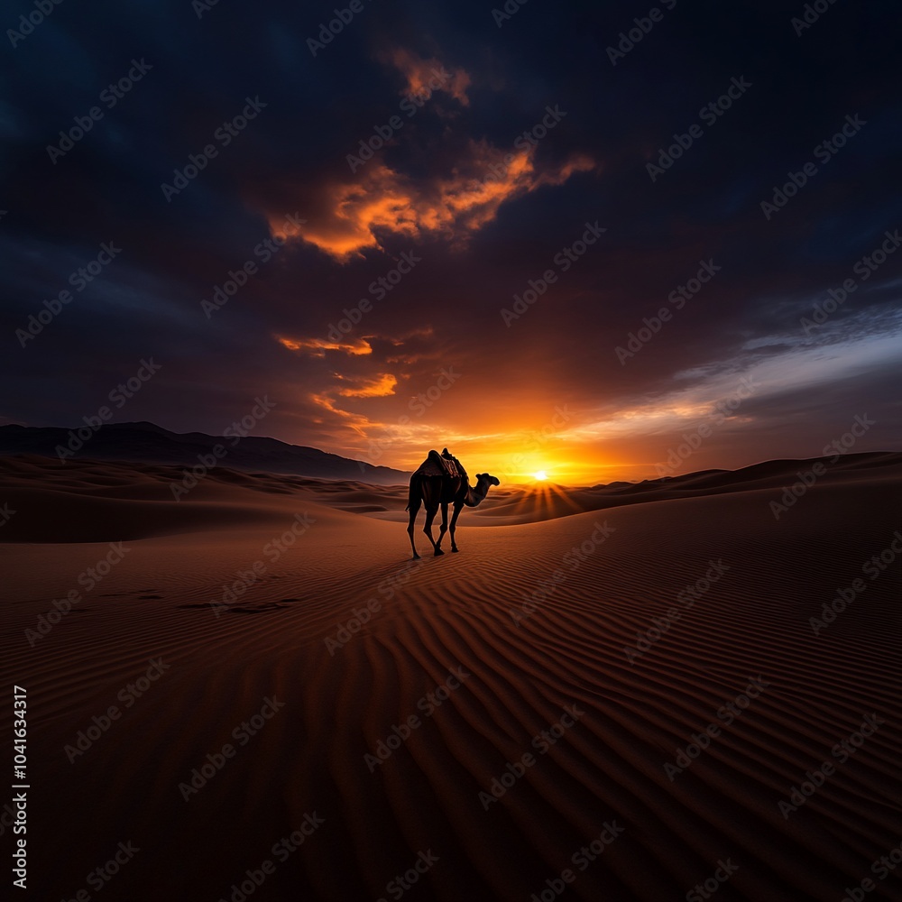 A camel walks through the desert at sunset, with a fiery sky and rolling dunes in the background. A camel walks through the desert at sunset, with a fiery sky and rolling dunes in the background.