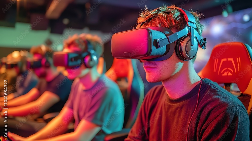 Naklejka premium Gamers disconnecting from virtual reality headsets, expressing relief and excitement, vibrant gaming environment, immersive experience, focus on camaraderie and shared enjoyment.