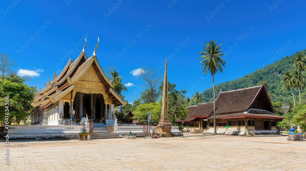 Serene Temple Landscape Under Clear Blue Sky Serene Temple Landscape Under Clear Blue Sky