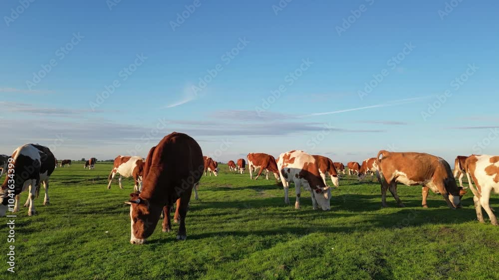 Cows grazing on pasture, landscape rural scene beautiful sunny day, low angle Cows grazing on pasture, landscape rural scene beautiful sunny day, low angle