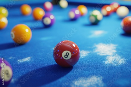 Colorful Pool Balls on Blue Felt Table