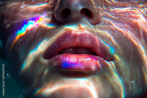 Underwater portrait of a woman with prismatic color separated light on her face. 