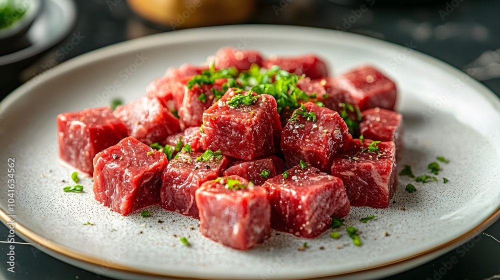 Close-up of fresh beef cubes with marbled texture on a white ceramic plate garnished with green herbs, showcasing vibrant red color and high-quality protein in a gourmet food photography style. Close-up of fresh beef cubes with marbled texture on a white ceramic plate garnished with green herbs, showcasing vibrant red color and high-quality protein in a gourmet food photography style.
