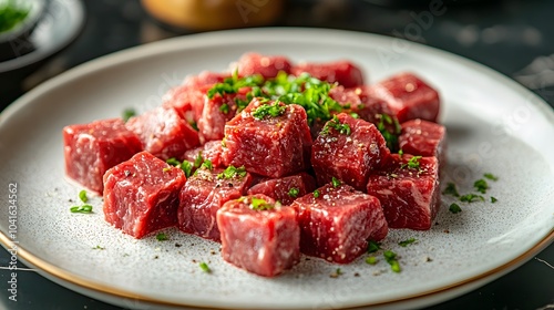 Close-up of fresh beef cubes with marbled texture on a white ceramic plate garnished with green herbs, showcasing vibrant red color and high-quality protein in a gourmet food photography style.