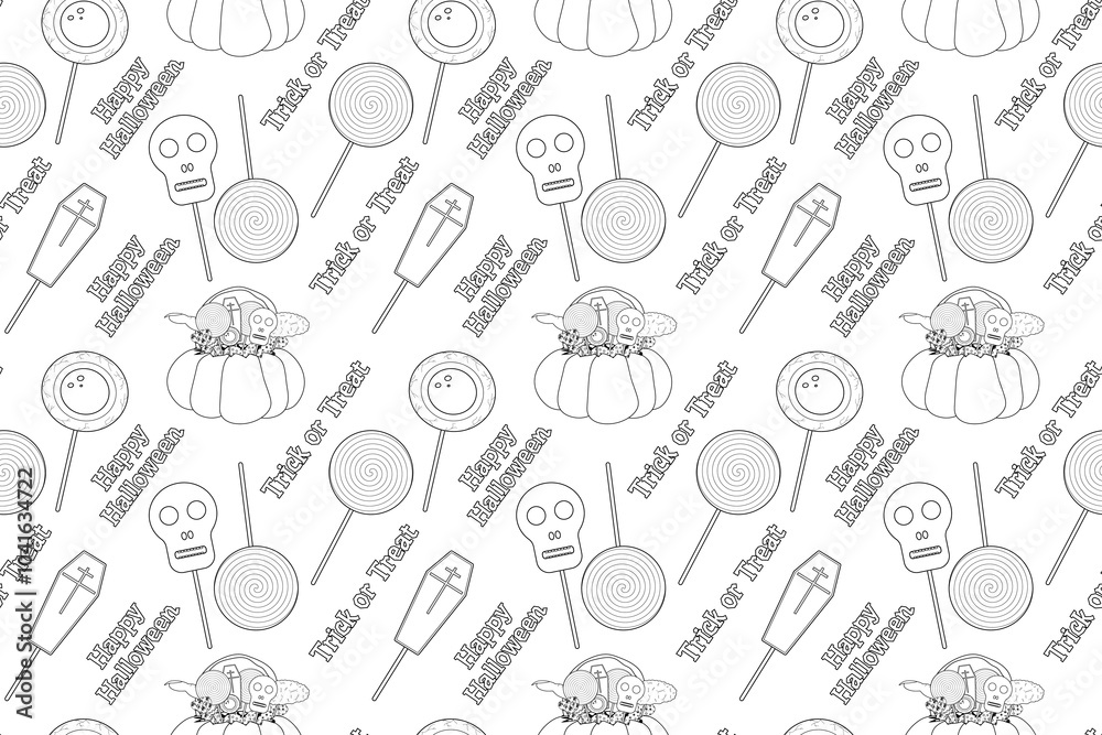 A fun Halloween-themed coloring page with a seamless pattern of candy, lollipops, and spooky treats. Perfect for kids creative activities. A fun Halloween-themed coloring page with a seamless pattern of candy, lollipops, and spooky treats. Perfect for kids creative activities.