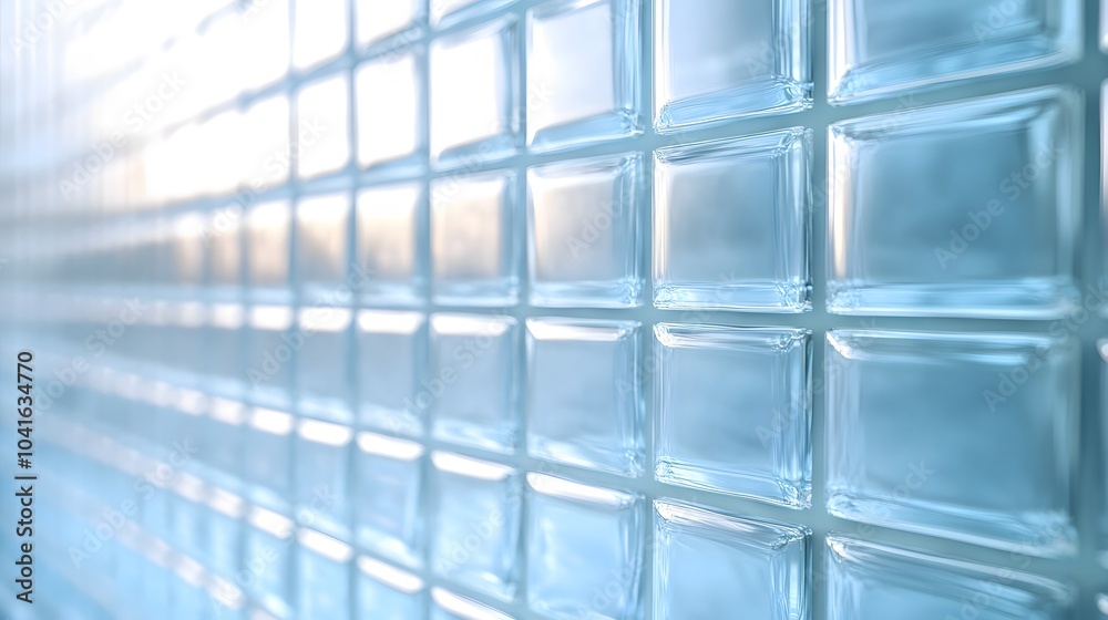 Glass blocks with a light blue tint arranged in a grid pattern, featuring translucent and frosted textures with diffused light, highlighting modern architectural elements and minimalist design. Glass blocks with a light blue tint arranged in a grid pattern, featuring translucent and frosted textures with diffused light, highlighting modern architectural elements and minimalist design.