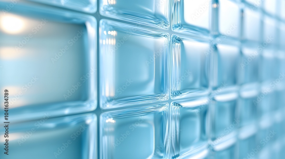 Glass blocks with a light blue tint arranged in a grid pattern, featuring translucent and frosted textures with diffused light, highlighting modern architectural elements and minimalist design.