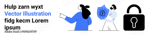 Two characters with a shield lock, an individual pointing, and a large padlock icon. Ideal for cyber security, data protection, privacy, technology, online safety. Landing page
